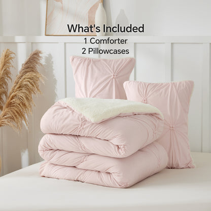 BEDELITE Pintuck Fluffy Comforter Set - Super Soft Sherpa Comforter , Luxury Warm Bedding Set for Winter, Fuzzy Bed Set