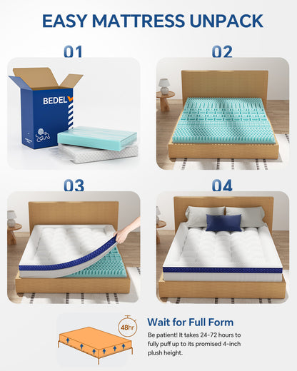 BEDELITE Mattress Topper Dual Layer 4 Inch Memory Foam Mattress Topper, Bamboo Pilow Top Mattress Pad and Premium Gel Foam Mattress, with Stretchable Pockets Up to 6"-24"