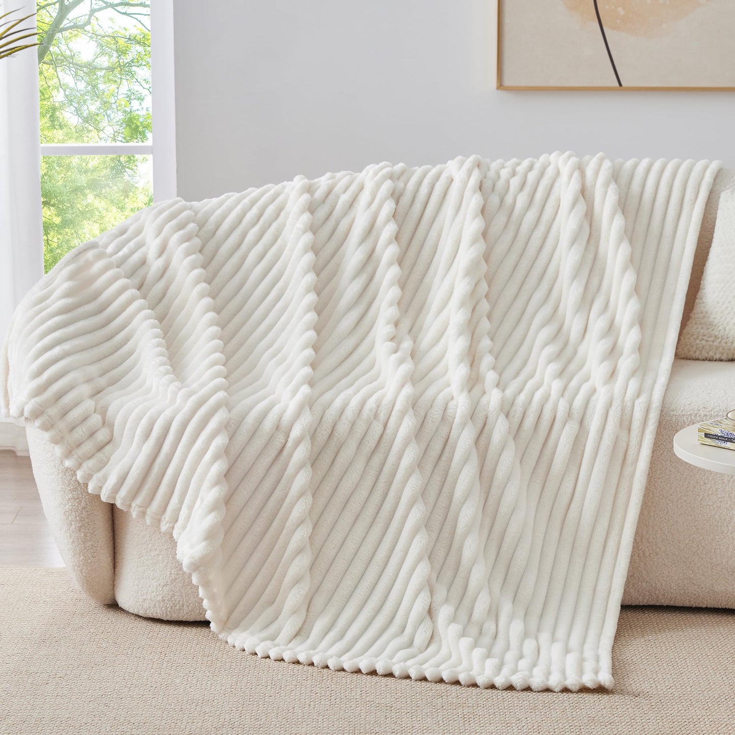 BEDELITE Fleece Throw Blanket for Couch - 300GSM Soft & Warm Fluffy Cream White Blanket, Decorative and Giftable Striped Blankets for Women, Men, 50"x60"