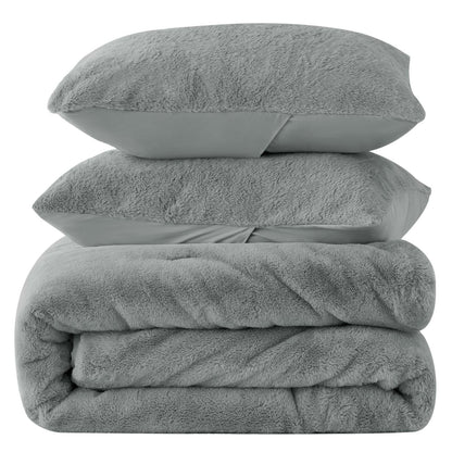 BEDELITE Faux Fur Fleece Queen Comforter Set - Fluffy & Warm Grey Comforter Queen Size，Ultra Soft and Cozy Winter Bedding Set,Fuzzy Thick Bed Set,1 Comforter and 2 Pillowcases