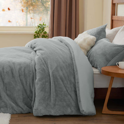BEDELITE Faux Fur Fleece Queen Comforter Set - Fluffy & Warm Grey Comforter Queen Size，Ultra Soft and Cozy Winter Bedding Set,Fuzzy Thick Bed Set,1 Comforter and 2 Pillowcases