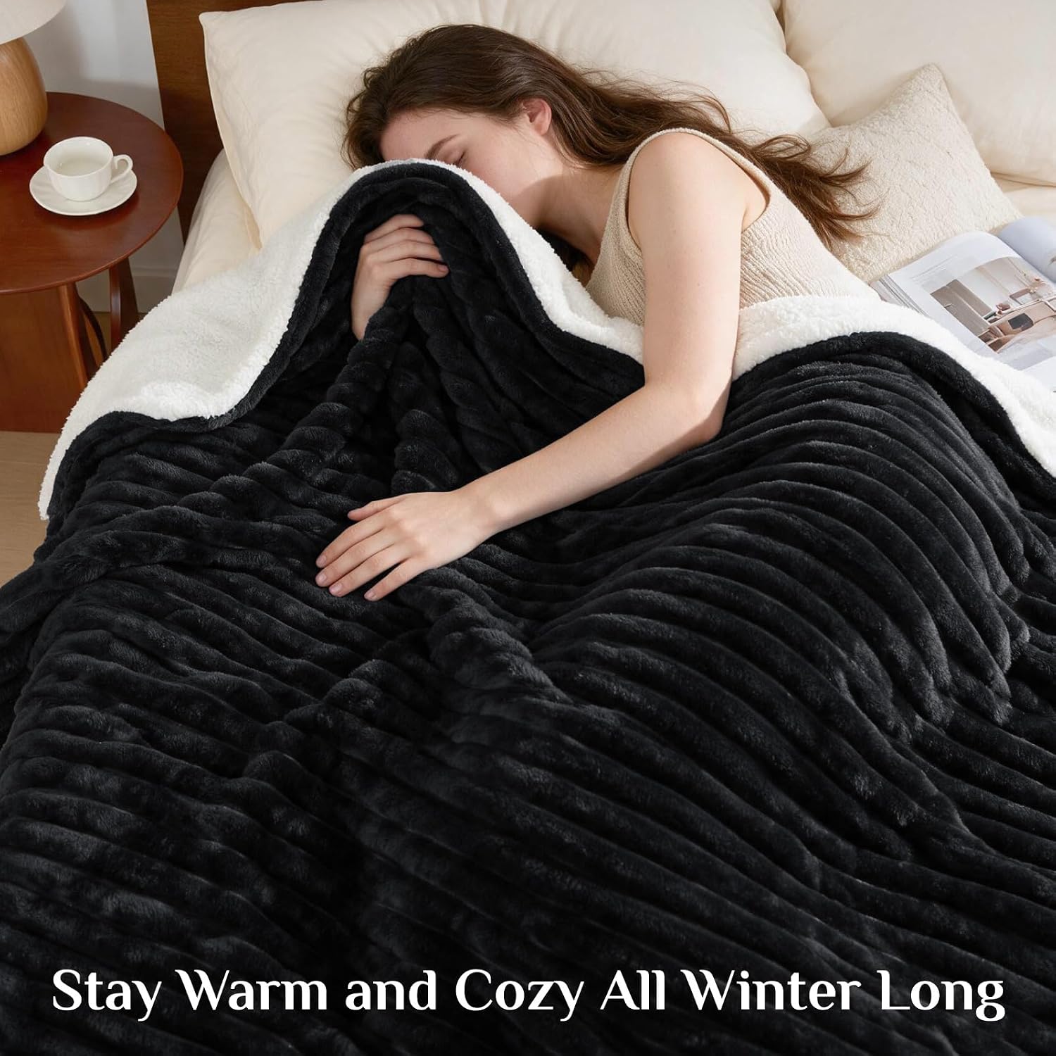 Black Striped Sherpa Throw Blanket