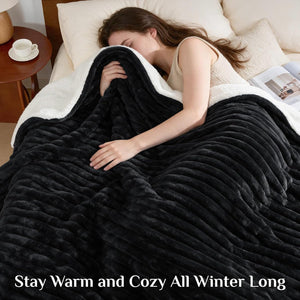 Black Striped Sherpa Throw Blanket
