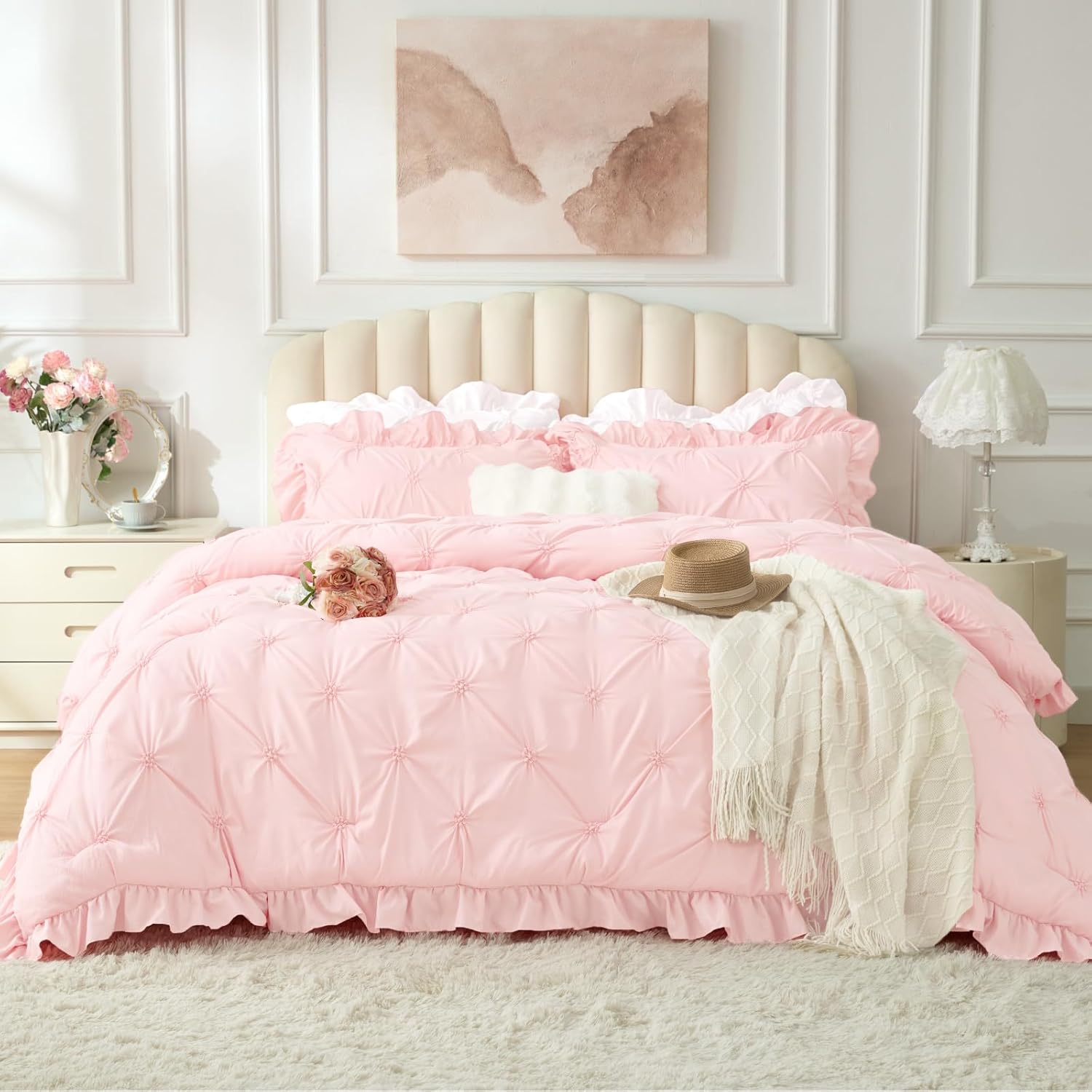 Boho Ruffle Pintuck Bedding Comforter Sets Baby Pink