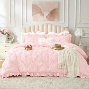 Boho Ruffle Pintuck Bedding Comforter Sets Baby Pink