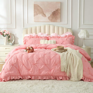 Boho Ruffle Pintuck Bedding Comforter Sets Pink