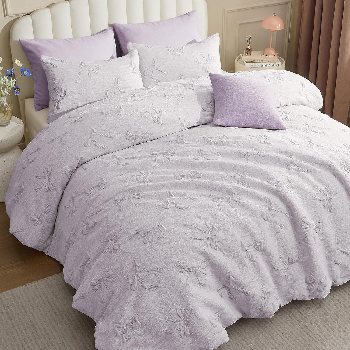 Bow comforter set soft fluffy bedding lavender