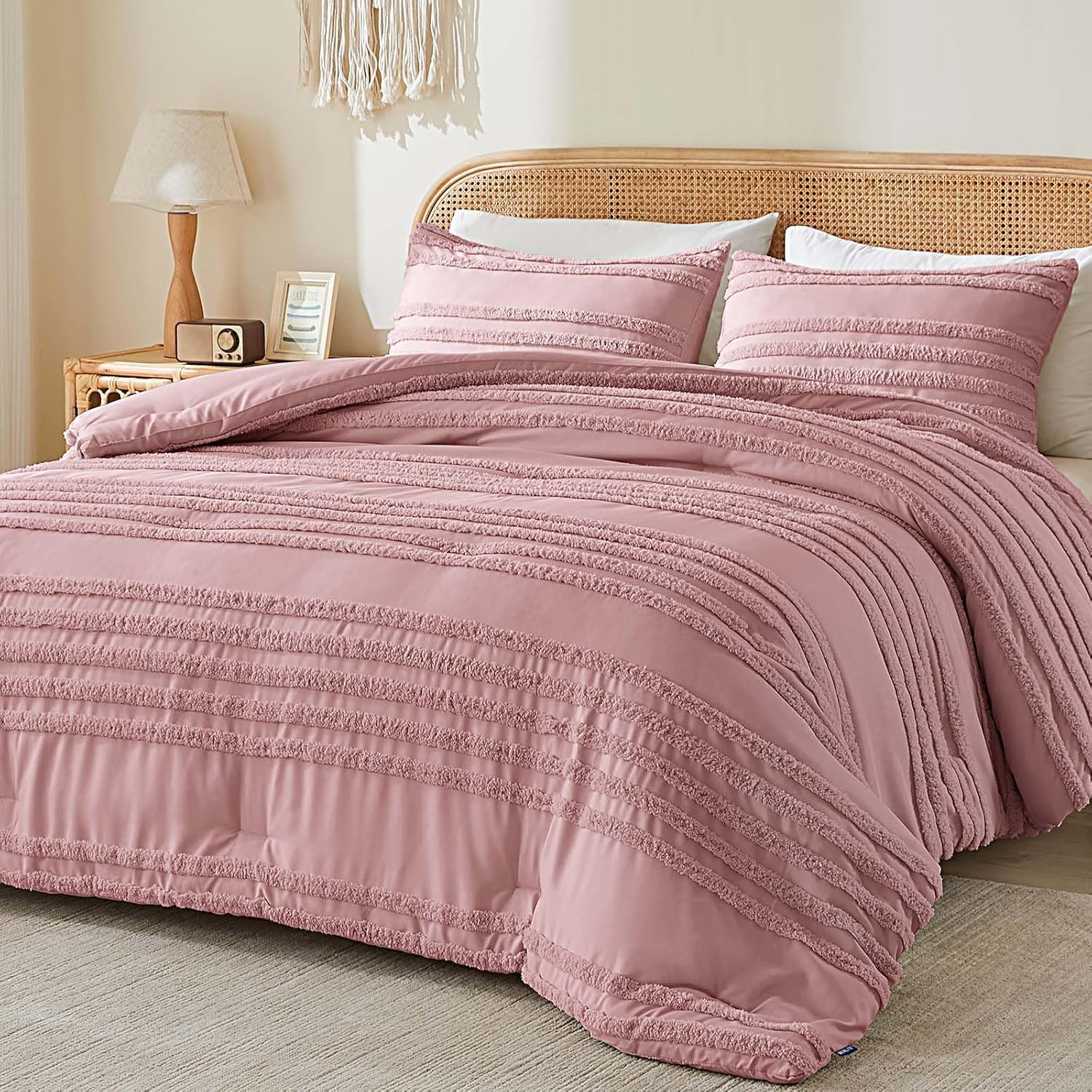 Dusty Pink Tufted Striped Bed Set