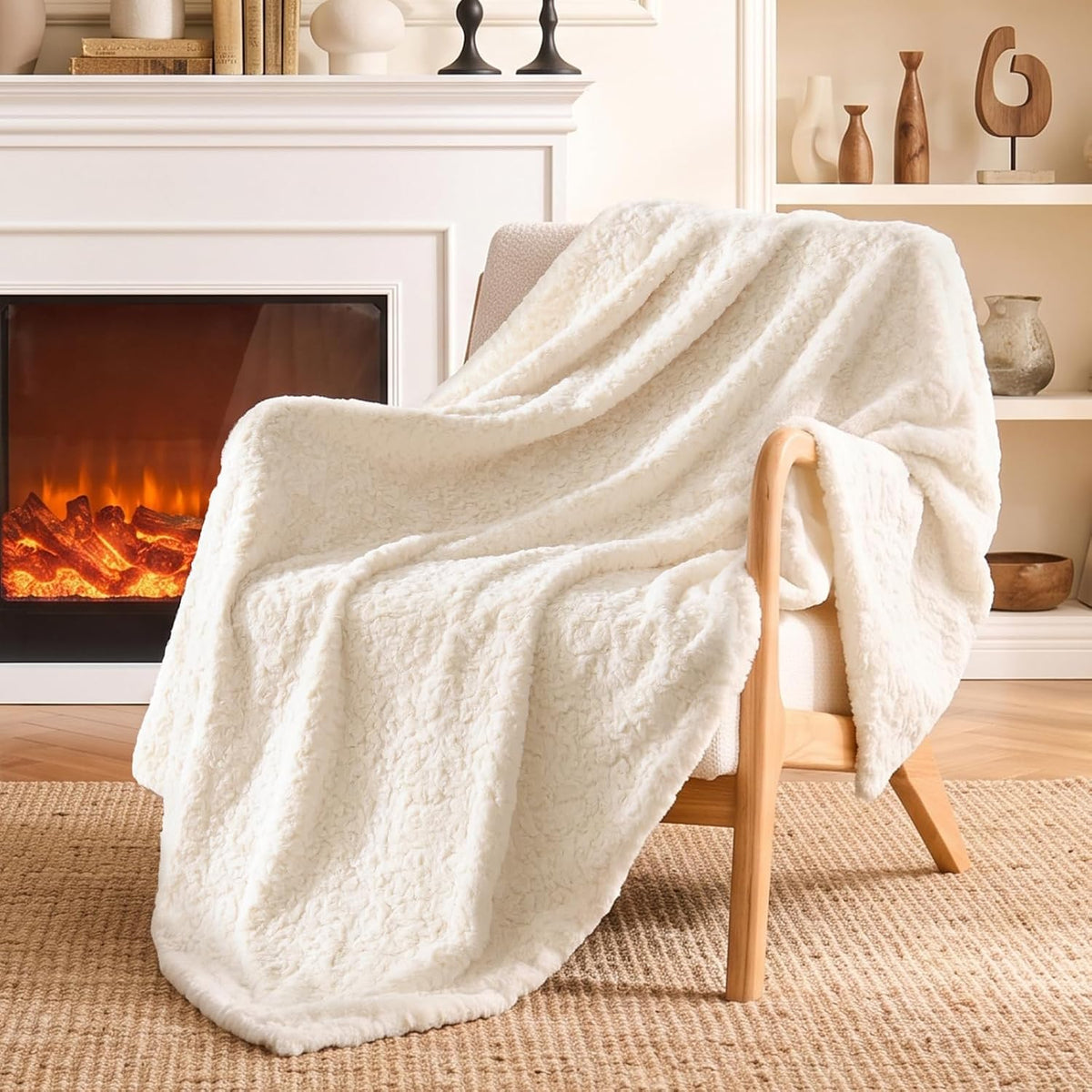 Faux fur throw blanket Cream for couch bed sofa