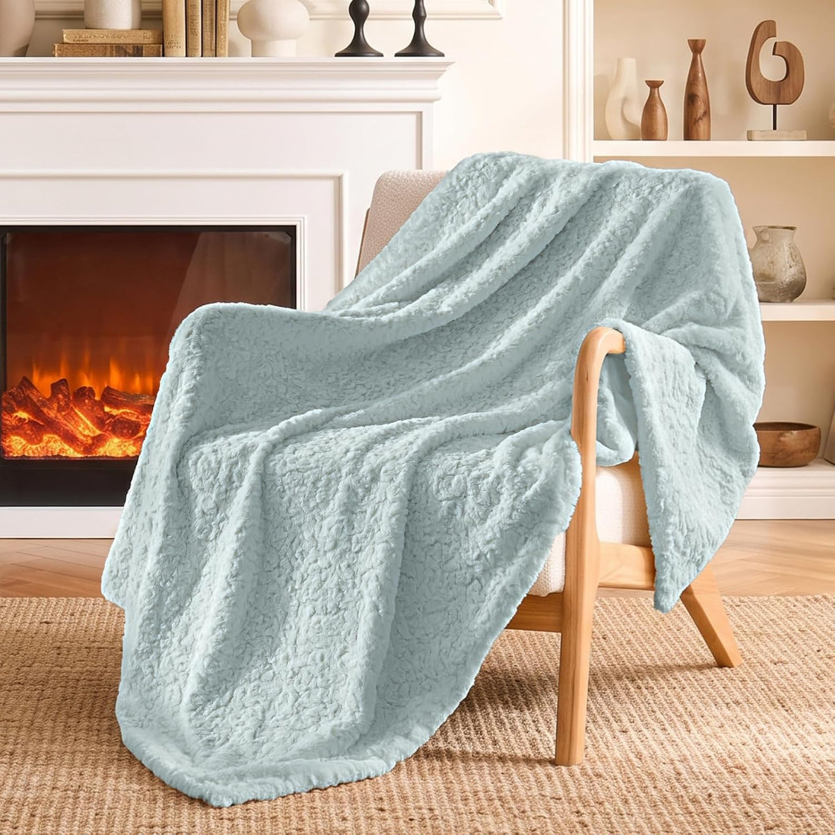 Faux fur throw blanket Dusty Blue for couch bed sofa