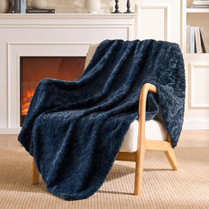 Faux fur throw blanket Navy for couch bed sofa