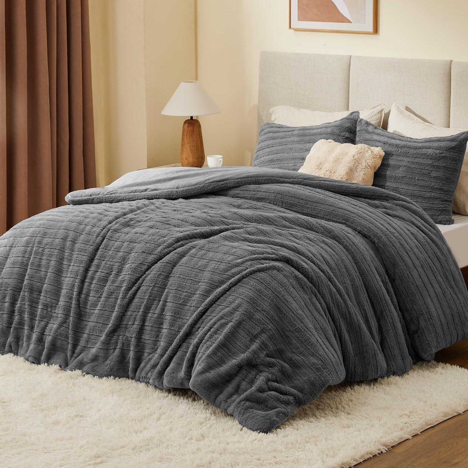 Fluffy Grey Faux Fur Bedding