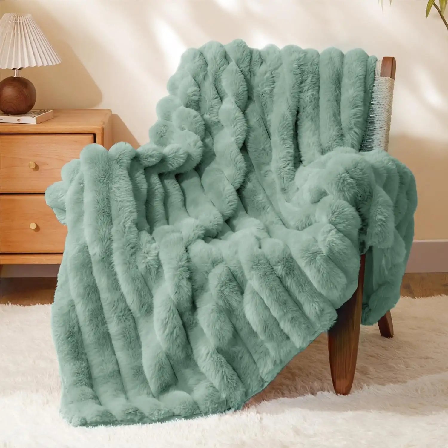 Luxurious 3D Striped Fluffy Blanket Sage Green