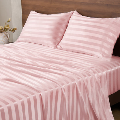BEDELITE Satin Sheets, Luxury Jacquard Striped Bedsheets Set with Elastic Corner Straps, Similar to Silk Sheets Set with 1 Deep Pocket Fitted Sheet, 1 Flat Sheet, &  Pillowcases