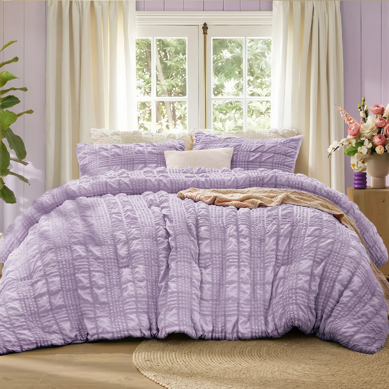 BEDELITE Comforter Set (2 Pieces) – Fluffy Lightweight Beige Seersucker Bedding with Pillowcases – Soft Breathable All Season