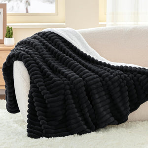 Striped Sherpa Throw Blanket for Couch Black