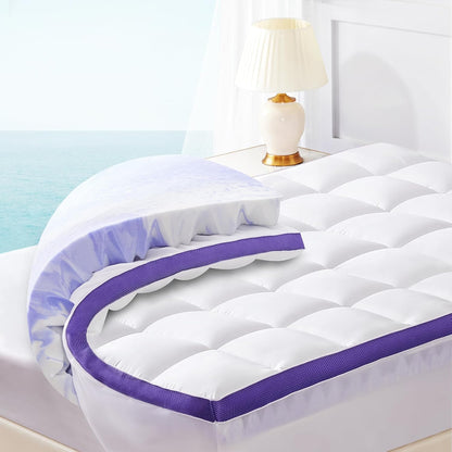 Dual Layer 4 Inch Memory Foam Mattress Topper King - 2 Inch Gel Memory Foam and 2 Inch Pillow Top Mattress Pad, Rayon Made from Bamboo Cover, 7-Zone Egg Crate Mattress Topper for Back Pain