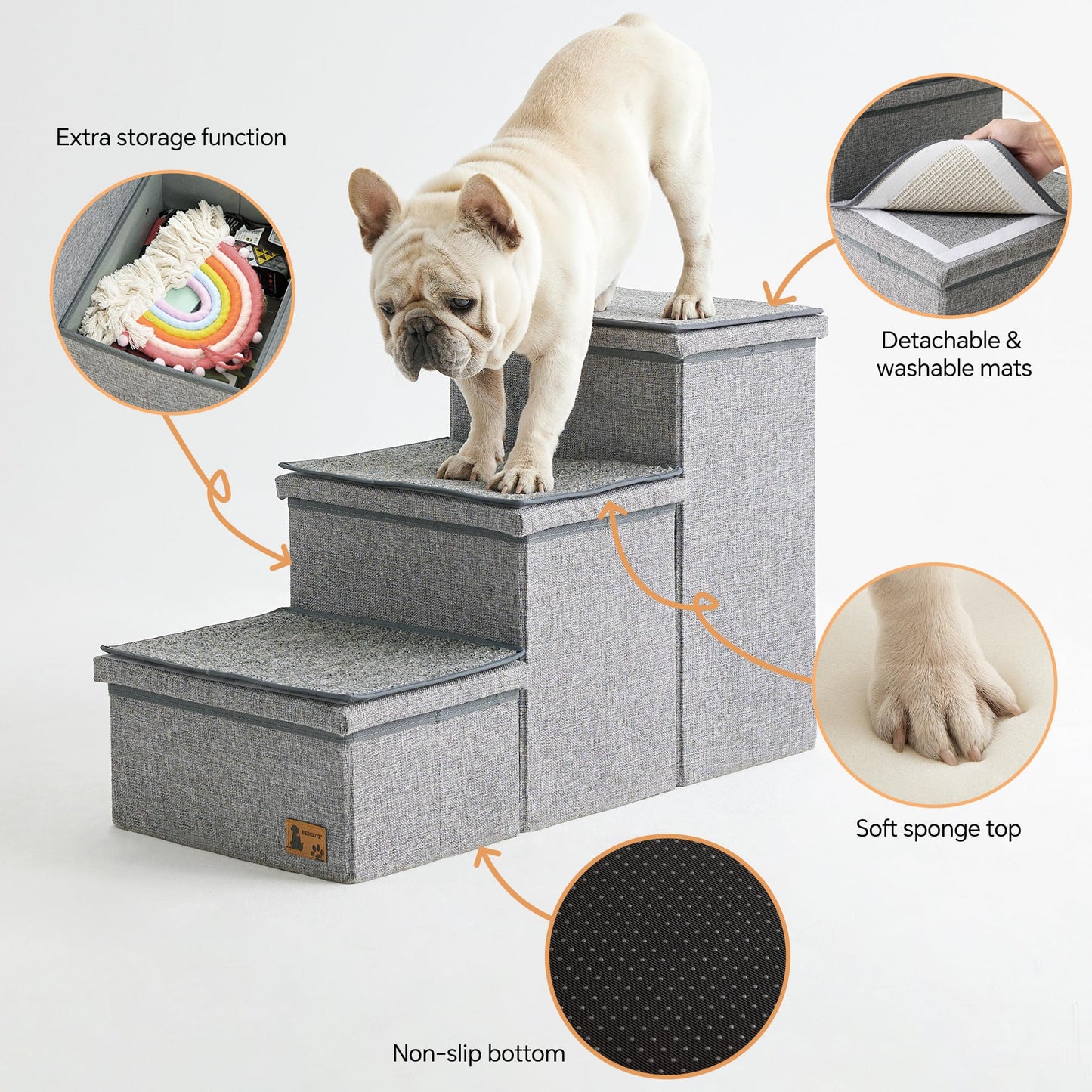 BEDELITE Dog Stairs for Large Dogs, Heavy-Loaded Foldable Pet Stairs Up to 200Lbs with Detachable Mats & Storage, Dog Steps for Bed and Couch