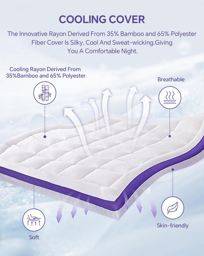Dual Layer 4 Inch Memory Foam Mattress Topper King - 2 Inch Gel Memory Foam and 2 Inch Pillow Top Mattress Pad, Rayon Made from Bamboo Cover, 7-Zone Egg Crate Mattress Topper for Back Pain