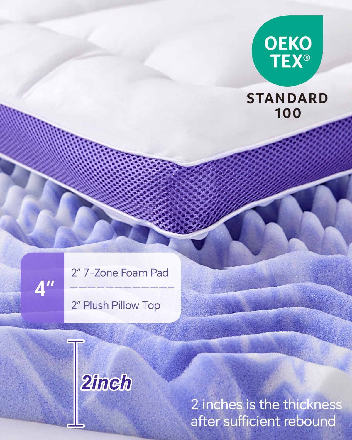 Dual Layer 4 Inch Memory Foam Mattress Topper King - 2 Inch Gel Memory Foam and 2 Inch Pillow Top Mattress Pad, Rayon Made from Bamboo Cover, 7-Zone Egg Crate Mattress Topper for Back Pain