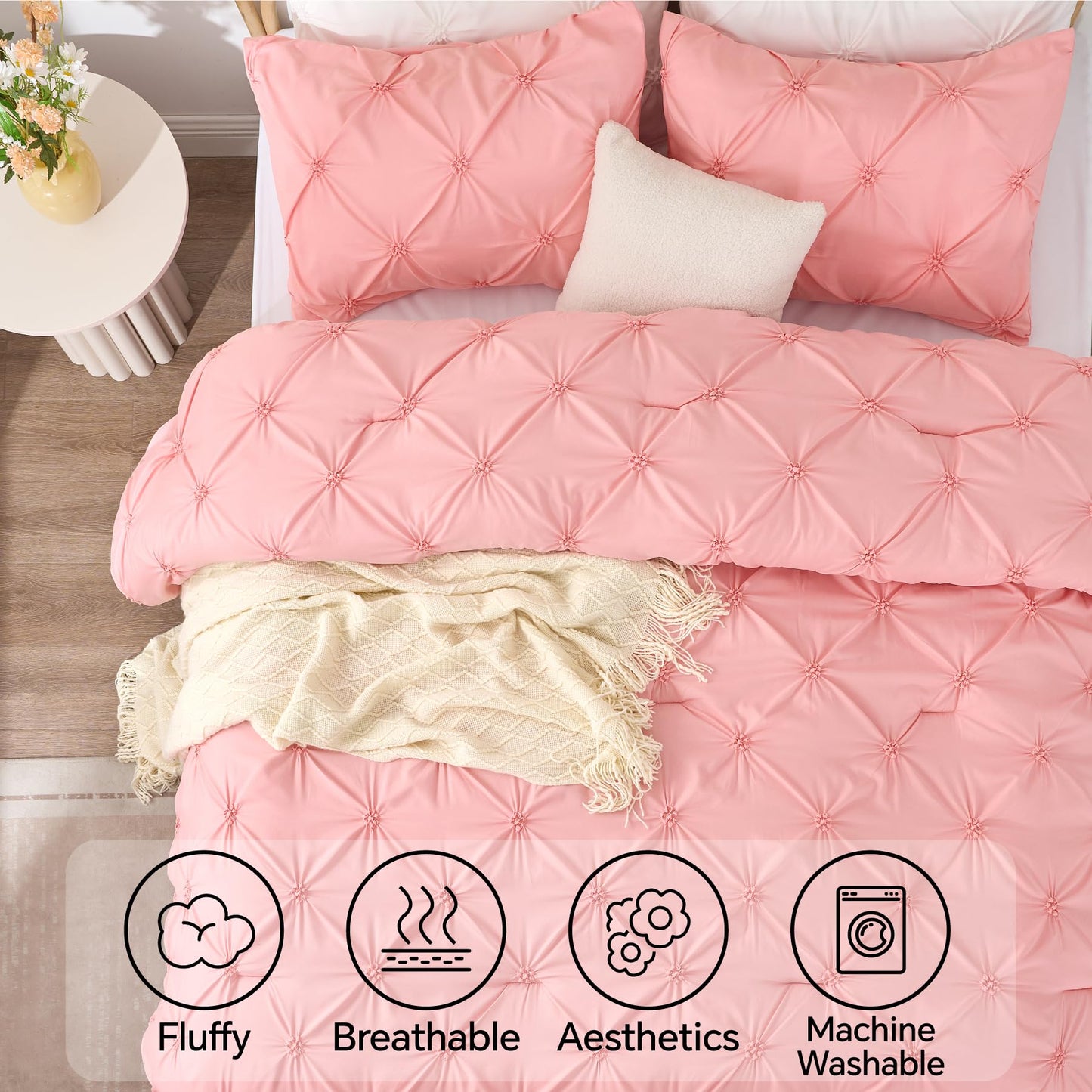 BEDELITE Pink Comforter Set Queen - 3 Pieces Boho Pintuck Bedding Comforter Sets, Lightweight Soft & Warm Bed Comforter Queen with 2 Pillowcases for All Season