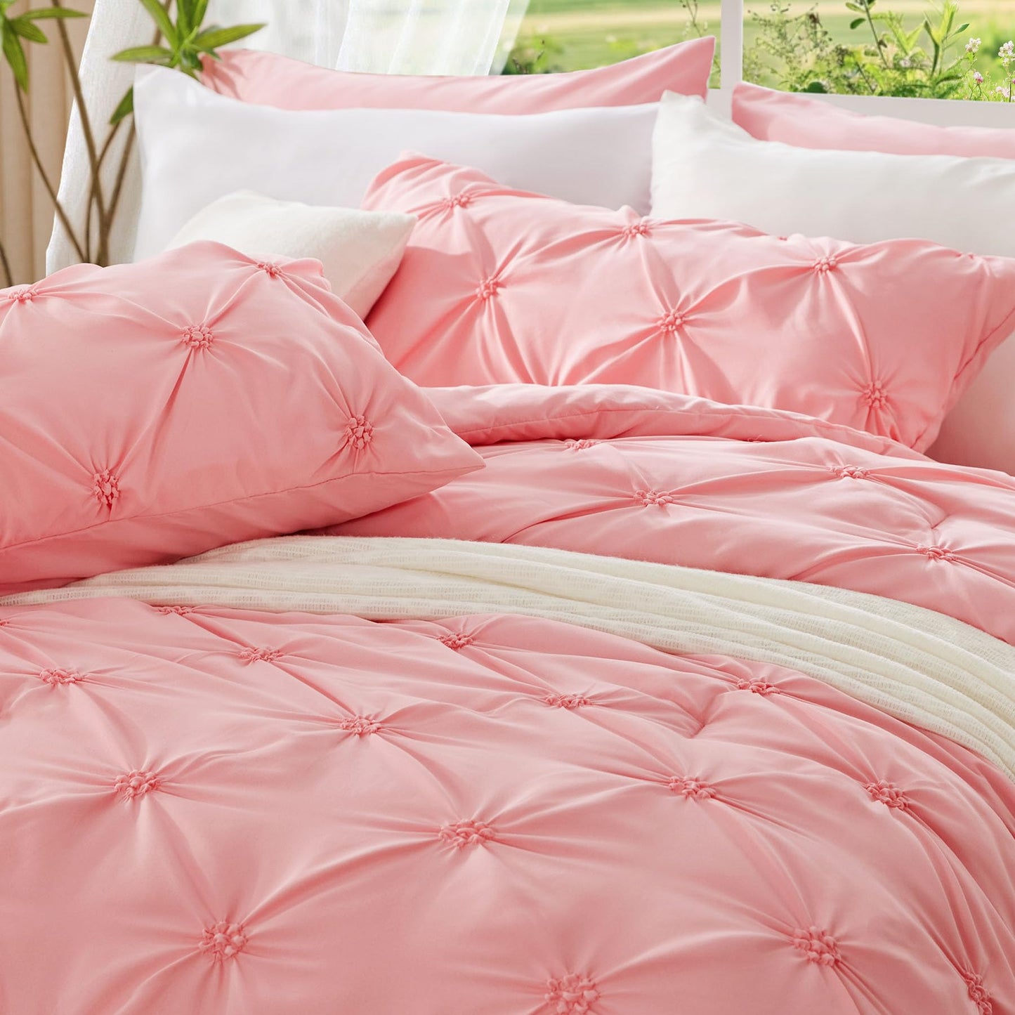 BEDELITE Pink Comforter Set Queen - 3 Pieces Boho Pintuck Bedding Comforter Sets, Lightweight Soft & Warm Bed Comforter Queen with 2 Pillowcases for All Season