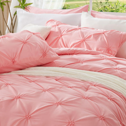 BEDELITE Pink Comforter Set Queen - 3 Pieces Boho Pintuck Bedding Comforter Sets, Lightweight Soft & Warm Bed Comforter Queen with 2 Pillowcases for All Season