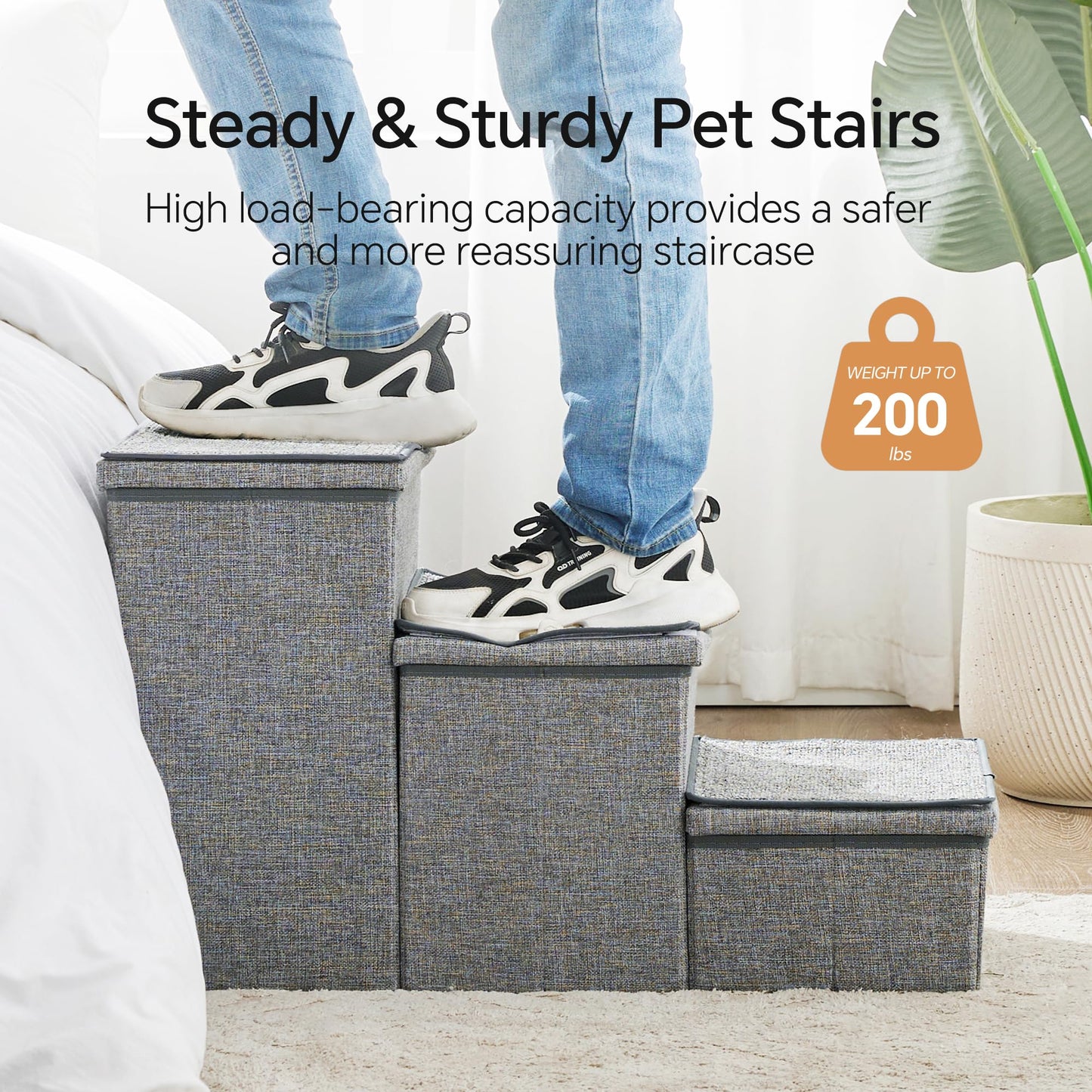 BEDELITE Dog Stairs for Large Dogs, Heavy-Loaded Foldable Pet Stairs Up to 200Lbs with Detachable Mats & Storage, Dog Steps for Bed and Couch