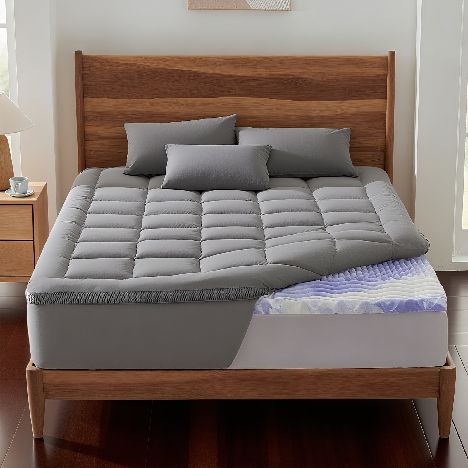 BEDELITE Dual Layer 4 Inch Memory Foam Mattress Topper King - 2 Inch Gel Memory Foam and 2 Inch Pillow Top Mattress Pad, Rayon Made from Bamboo Cover, 7-Zone Egg Crate Mattress Topper for Back Pain