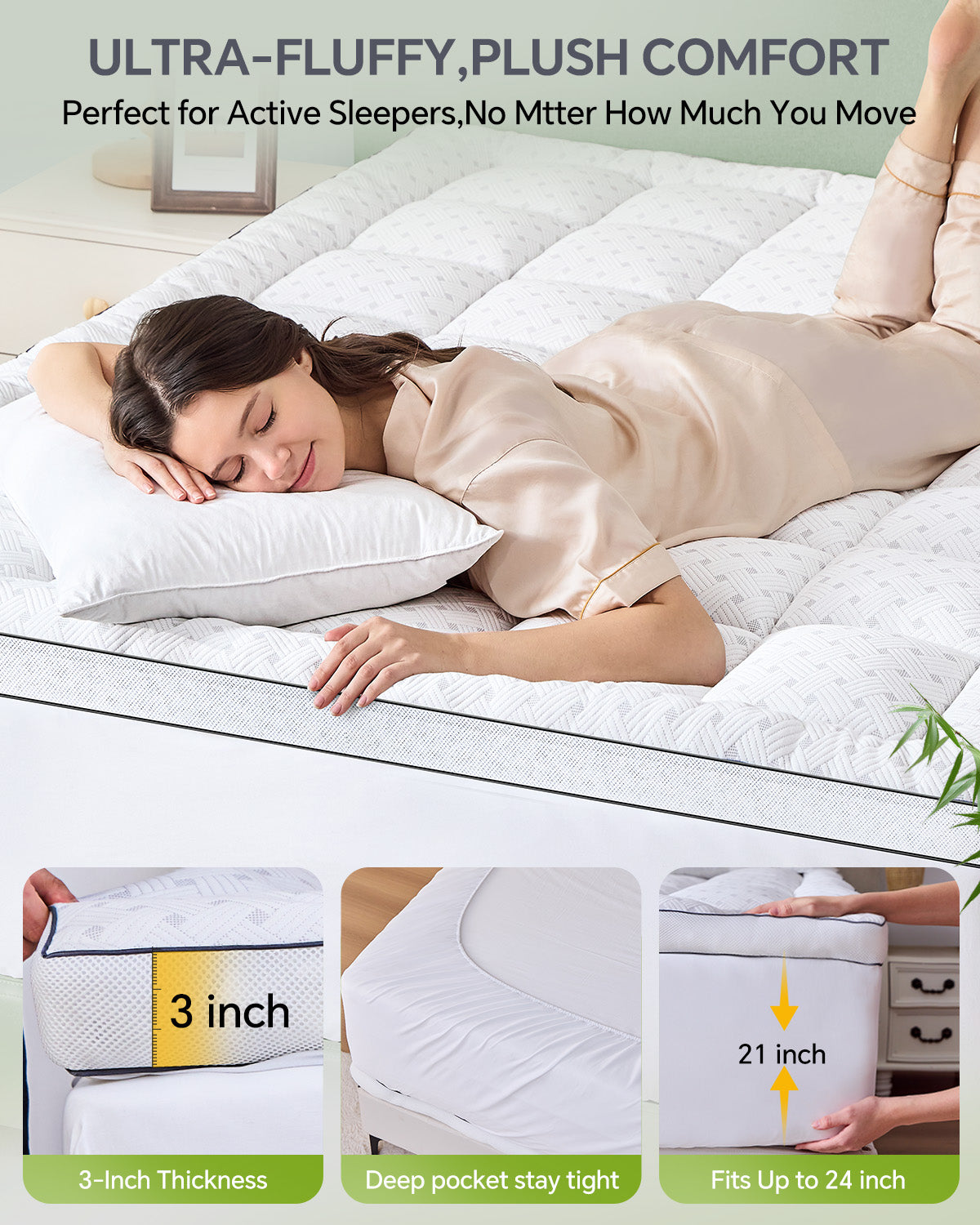 BEDELITE 3 Inch Memory Foam Mattress Topper,Pillow Top Mattress Topper with Bamboo Rayon Cover,Breathable Mesh Side Mattress Pad,21" Deep Pocket,Soft Supportive Mattress Bed Topper