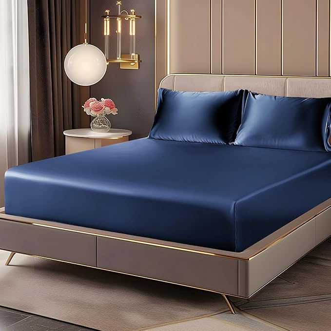 BEDELITE Satin Fitted Sheet and Pillowcase Set - Luxury Soft Similar to Silk Bottom Bed Sheet with Elastic Corner Straps