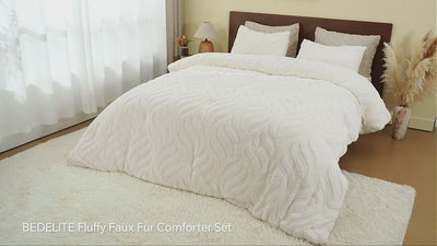 BEDELITE Fluffy Faux Fur Comforter Set Plush Winter Bedding

